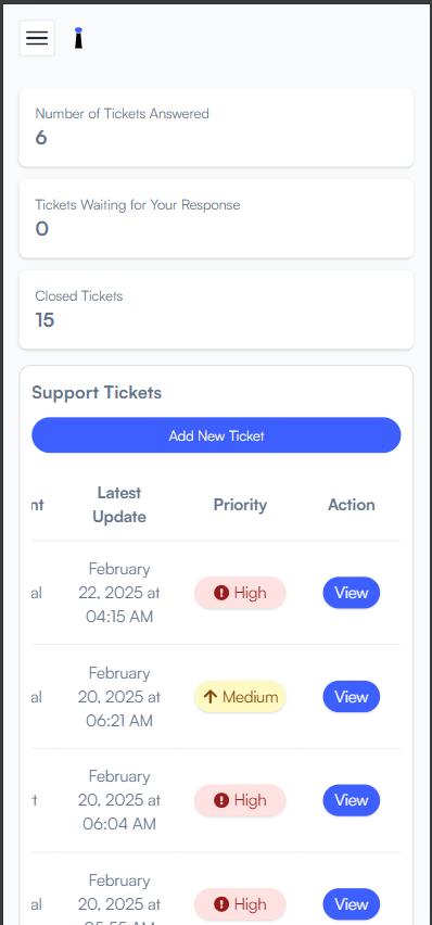 iVPN Panel Ticketing Page - Mobile view