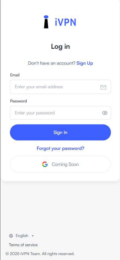 iVPN Panel Login Page - Mobile view