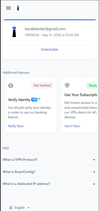 iVPN Panel Dashboard Page - Mobile view