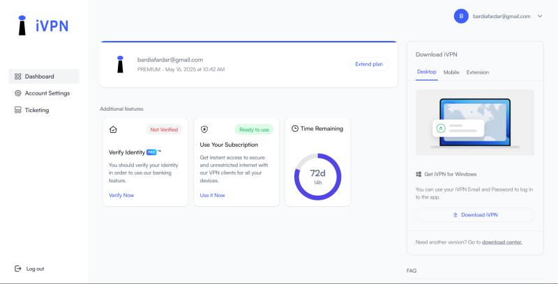 iVPN Panel Dashboard Page - Desktop view