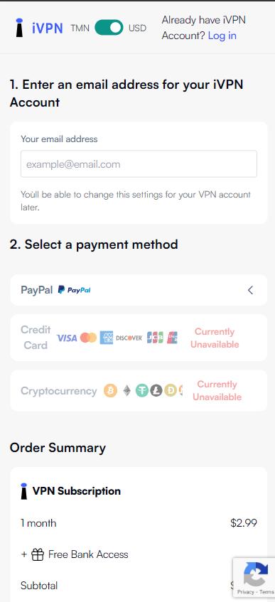 iVPN Panel Checkout Page - Mobile view